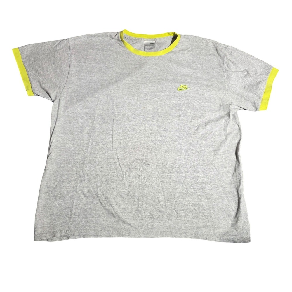 Vintage Nike Ringer T-Shirt Mens XL Gray Neon Yellow Volt Embroidered Logo Tee